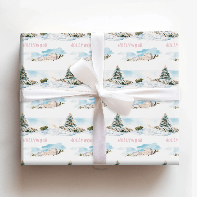 Snowy California Gift Wrap, Hollywood Hills Christmas Wrapping Paper, Watercolor Los Angeles Wrapping Paper, Holiday Movie Fan Gift Wrap
