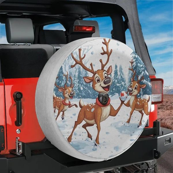 Snowball Fight Winter Tire Cover, Reindeer Games Spare Tire Cover, Adorable Reindeer Wheel Cover, Christmas SUV Tire Cover, H