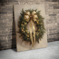 Gold Bow Holiday Lights Canvas Print, Christmas Wreath Canvas Wall Art, Painterly Xmas Canvas Decor, Festive Winter Wall Art Holiday Present