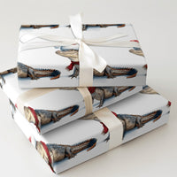 Humorous Holiday Gift Wrap, Santa Hat Alligator Christmas Wrapping Paper, Adorable Watercolor Alligator Wrapping Paper, Winter Animal Present Wrap