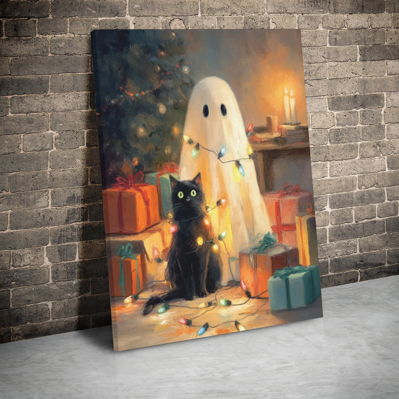 Adorable Spooky Holiday Lights Canvas Print, Ghost and Black Cat Christmas Canvas, Christmas Cat Wall Art, Spooky Festive Canvas Wall Decor Present