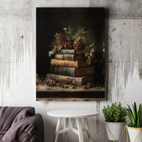 Winter Pine Cone Holly Still Life Print, Rustic Vintage Book Stack Canvas Art, Comfy Christmas Wall Decor, Bookish Holiday Canvas Present