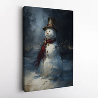 Whimsical Holiday Canvas Print, Adorable Snowman Winter Canvas Wall Art, Snowy Landscape Canvas Wall Decor, Christmas Scene Wall Art, Xmas Present