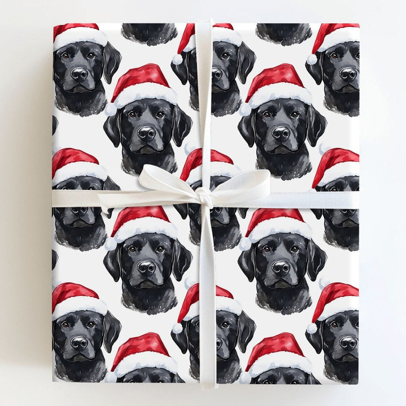 Santa Hat Dog Gift Wrap, Black Labrador Wrapping Paper, Watercolor Black Lab Holiday Wrapping Paper, Christmas Pet Lover Present Gift Wrap