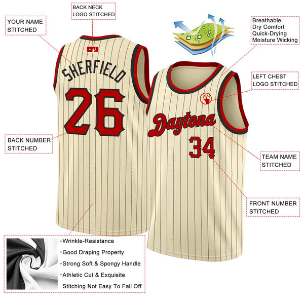 Custom Basketball Jersey - Cream Black Pinstripe Red-Black Authentic