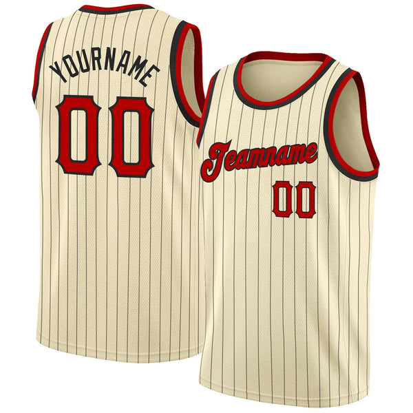 Custom Basketball Jersey - Cream Black Pinstripe Red-Black Authentic