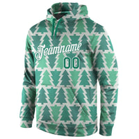 Kelly Green White Geometric Holiday Sweatshirt, Custom Christmas Tree Pullover Hoodie, Personalized Name Number Xmas Sports Hoodie