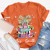 Bow Colored Pencils Snowflake Shirt, Personalized Christmas T-Shirt, Custom Holiday School Graphic Tee, Teacher Present Top