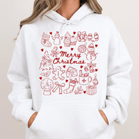 Festive Holiday Icons Graphic Hoodie, Merry Christmas Doodle Hoodie, Adorable Xmas Doodle Pullover Hoodie, Winter Holiday Hooded Sweatshirt