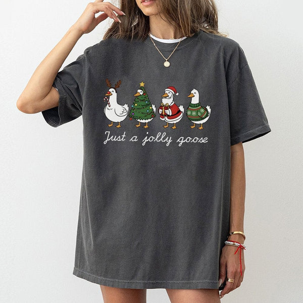 Humorous Holiday Goose Shirt, Jolly Goose Christmas Shirt, Adorable Xmas Duck Graphic Tee, Retro Festive Animal T-Shirt, Holi