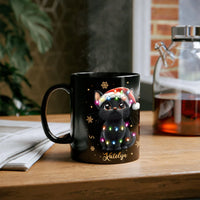 Adorable Kitten Santa Hat Fairy Lights Coffee Mug, Black Cat Christmas Mug, Holiday Pet Lover Cup, Festive Cat Ceramic Mug