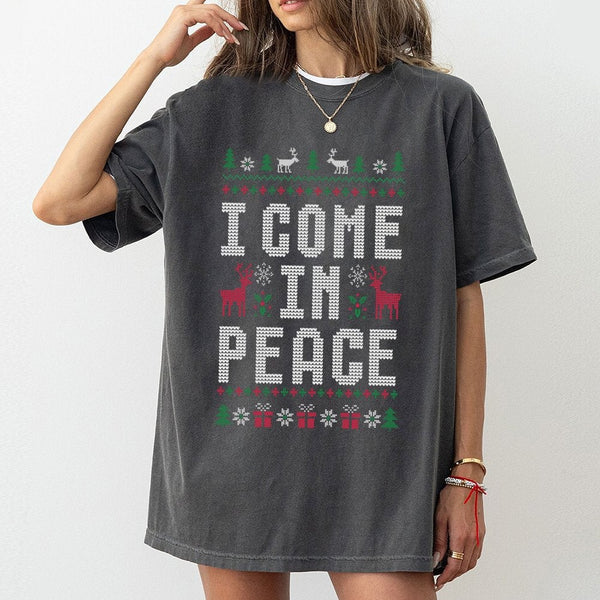 Humorous Reindeer Holiday Shirt, I Come in Peace Christmas T-Shirt, Sarcastic Ugly Xmas Tee, Retro Festive Graphic T-Shirt, X