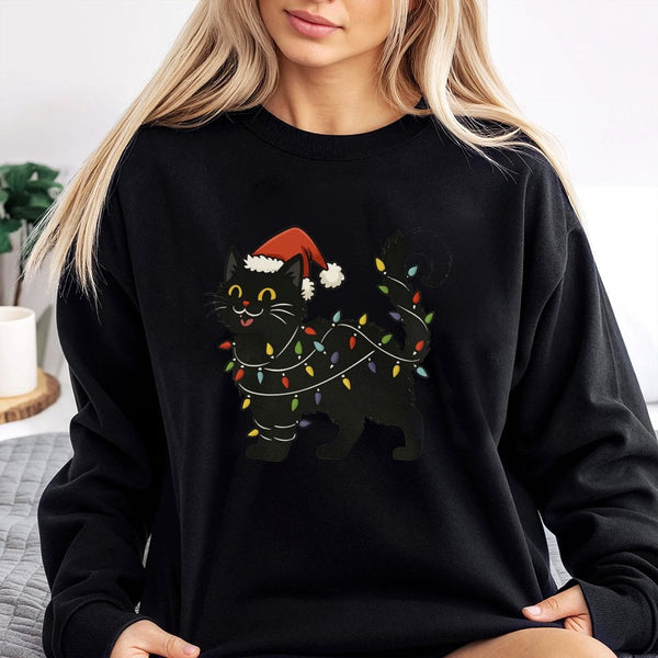 Adorable Kitten Holiday Lights Crewneck, Black Cat Christmas Sweatshirt, Humorous Cat Lover Xmas Pullover, Winter Holiday Spo