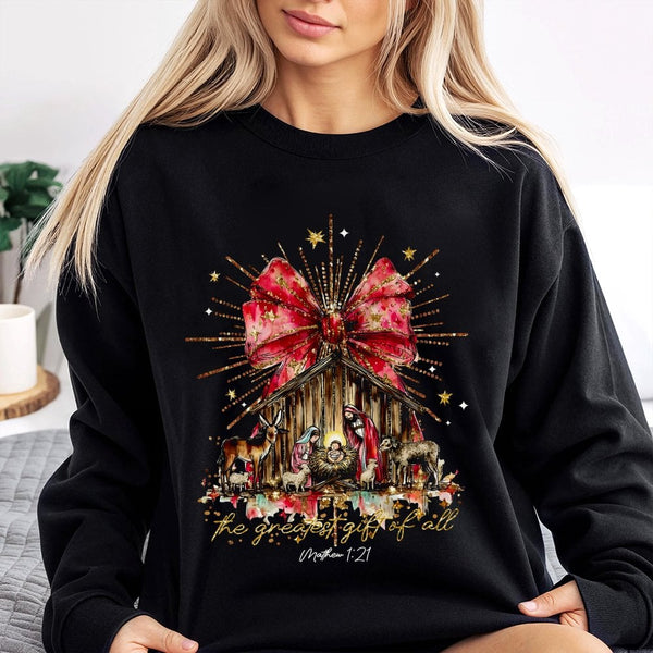 The Greatest Present of All Religious Pullover, Nativity Scene Christmas Sweatshirt, Christian Holy Night Holiday Sweater, Fa