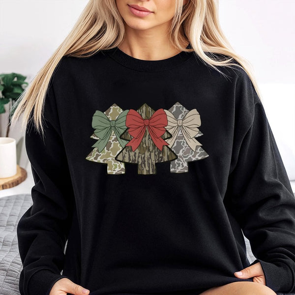 Coquette Bow Holiday Crewneck, Camo Christmas Tree Sweatshirt, Festive Hunting Plaid Pullover, Adorable Preppy Xmas Sweater, 
