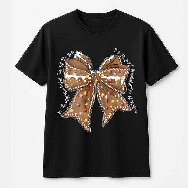 Coquette Aesthetic Holiday Graphic Tee, Gingerbread Bow Christmas T-Shirt, Adorable Xmas Cookie Shirt, Girly Festive Winter P