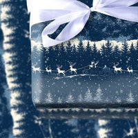 Reindeer Night Wrapping Paper, Santa Sleigh Christmas Wrapping Paper, Winter Forest Holiday Gift Wrap, Navy Blue Xmas Wrapping Paper Roll