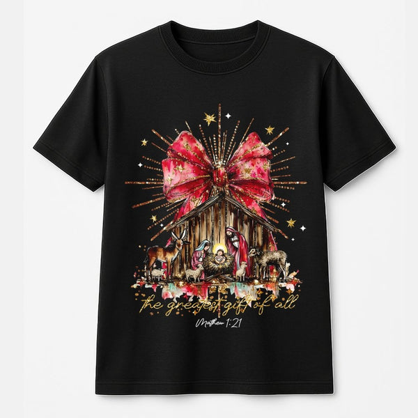 The Greatest Present of All Christian Graphic Tee, Nativity Scene T-Shirt, Jesus Holy Night Shirt, Religious Christmas Holida