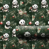 Holly Pine Christmas Gift Wrap, Green Panda Bear Wrapping Paper, Adorable Animal Holiday Present Paper, Festive Xmas Wrapping Paper