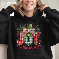 Buffalo Plaid Holiday Hooded Sweatshirt, Joy to the World Christmas Hoodie, Religious Xmas Pullover, Christian Typography Hoodie