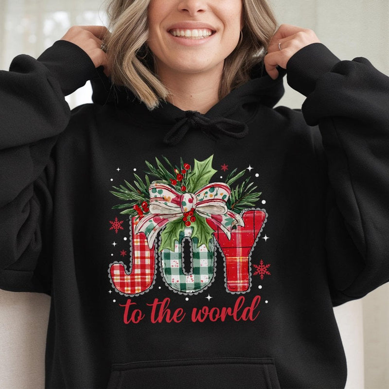 Buffalo Plaid Holiday Hooded Sweatshirt, Joy to the World Christmas Hoodie, Religious Xmas Pullover, Christian Typography Hoodie