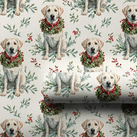 Adorable Dog Holiday Gift Wrap, Yellow Labrador Christmas Wrapping Paper, Labrador Wreath Wrapping Paper, Dog Lover Xmas Gift Wrap Paper Roll