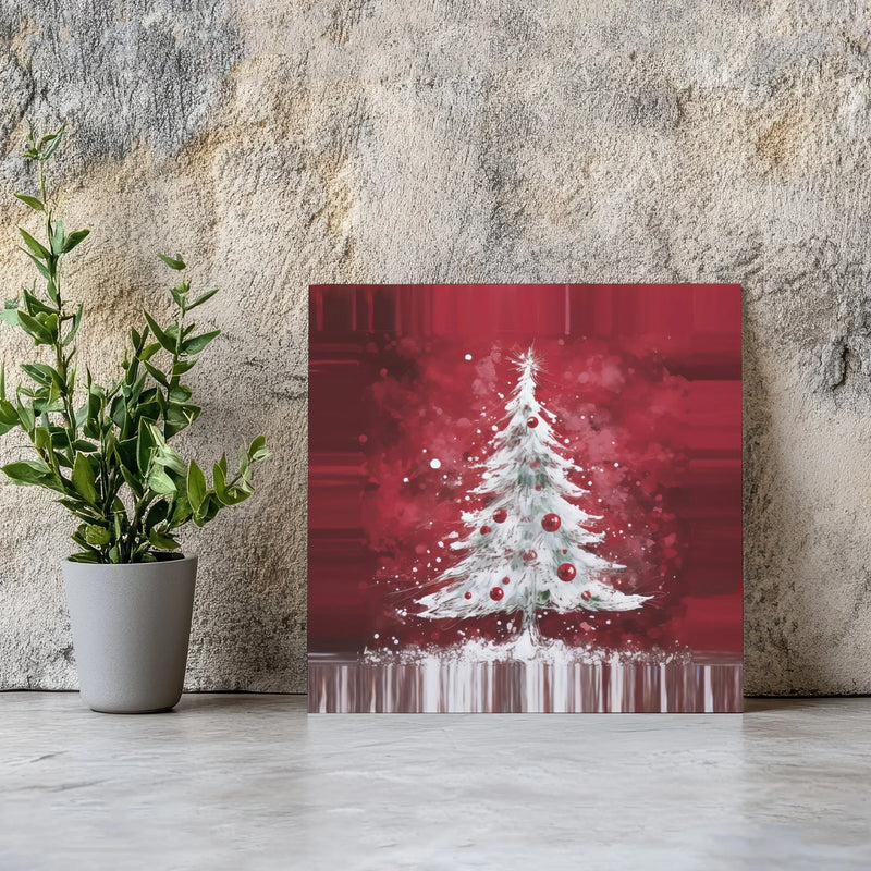 Crimson Snowy Pine Canvas Art, White Christmas Tree Square Canvas, Red Holiday Ornament Canvas Print, Winter Farmhouse Wall Decor