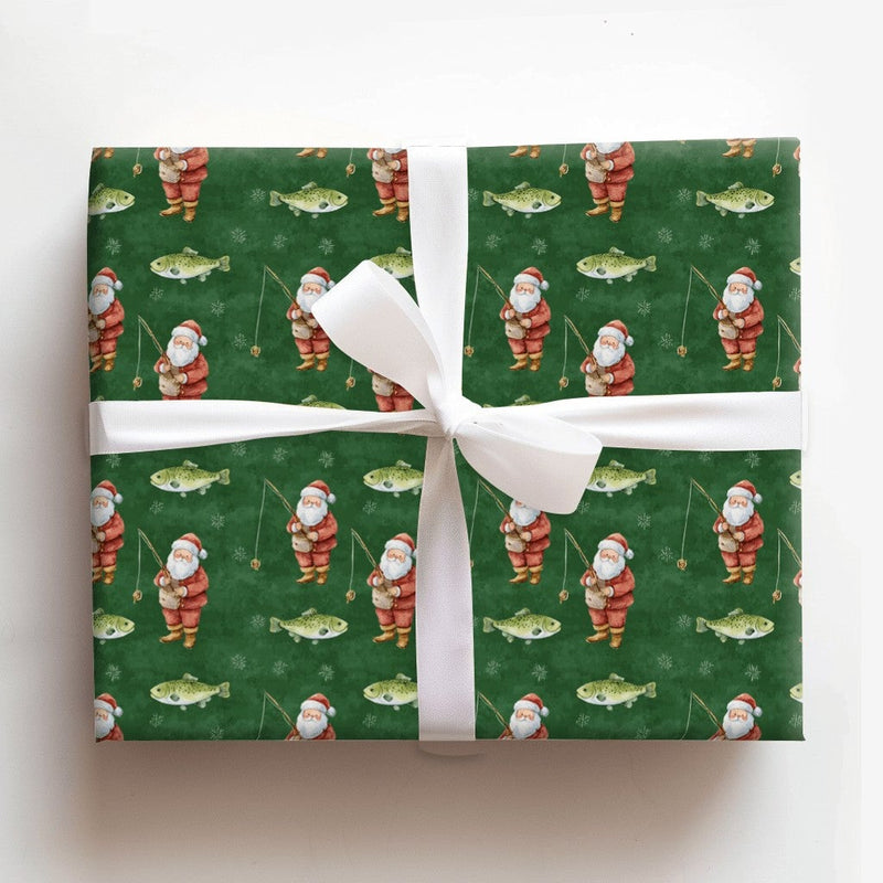 Angler Christmas Gift Wrap, Trout Fishing Santa Wrapping Paper, Dark Green Outdoors Wrapping Paper, Fisherman Holiday Gift Wrap Roll