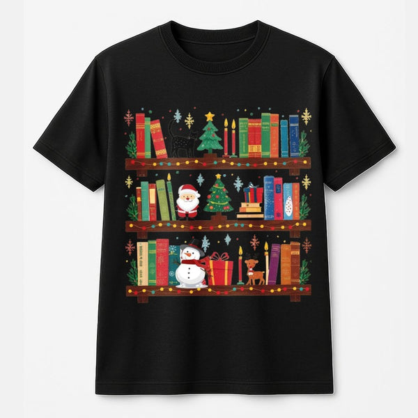 Festive Library Holiday Graphic Tee, Christmas Bookshelf T-Shirt, Comfy Book Lover Xmas Shirt, Bookish Winter Tree Reader Lib