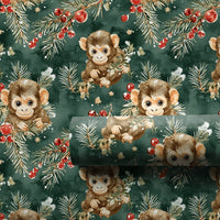 Adorable Animal Holiday Gift Wrap, Watercolor Baby Monkey Christmas Wrapping Paper, Pine Berry Monkey Wrapping Paper, Green Xmas Gift Wrap Roll