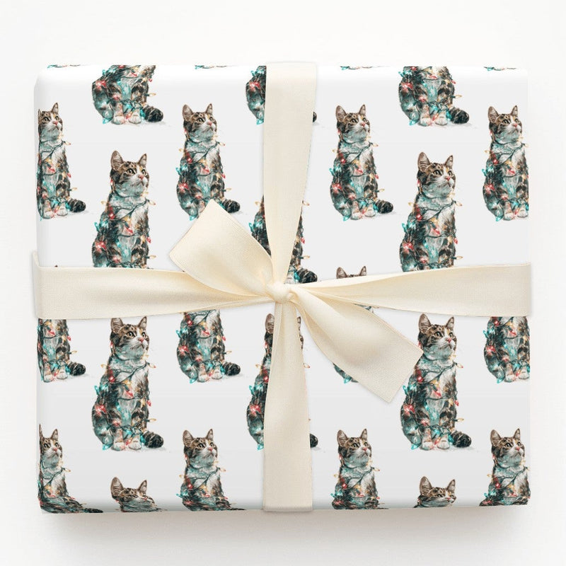 Tabby Kitten Holiday Lights Gift Wrap, Humorous Cat Christmas Wrapping Paper, Adorable Pet Lover Wrapping Paper, Festive Christmas Gift Wrap Roll