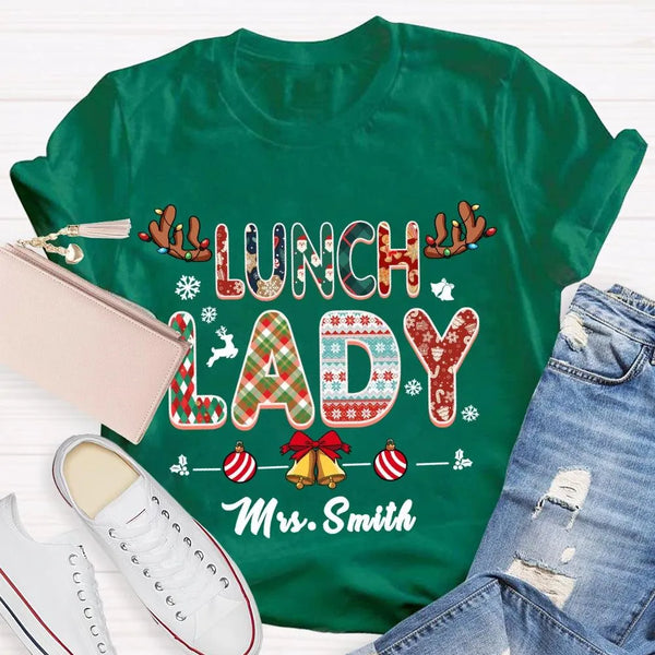 Custom Cafeteria Staff Holiday Shirt, Personalized Lunch Lady Christmas T-Shirt, Snowflake Bells Xmas Graphic Tee, School Wor