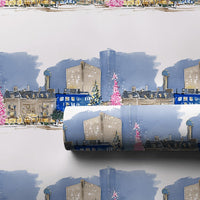 Watercolor Winter City Gift Wrap, Pink Christmas Tree Cityscape Wrapping Paper, Festive Street Holiday Wrapping Paper, Urban Gift Wrap Roll