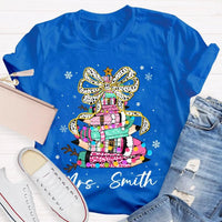 Bow Colored Pencils Snowflake Shirt, Personalized Christmas T-Shirt, Custom Holiday School Graphic Tee, Teacher Present Top