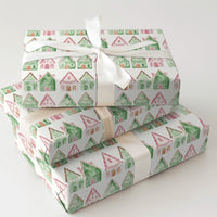 Watercolor Village Gift Wrap, Pink and Green Gingerbread House Wrapping Paper, Whimsical Christmas Wrapping Paper, Adorable Holiday Present Paper