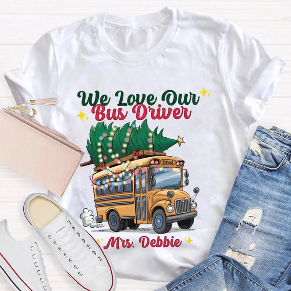 Custom Name Bus Driver Shirt, Personalized School Bus Christmas Tree T-Shirt, Holiday School Bus Tee, Christmas Tree Graphic 