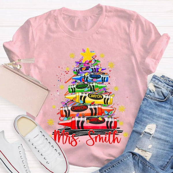 Custom Name Holiday Shirt, Personalized Christmas Tree T-Shirt, Colorful Crayon Snowflake Graphic Tee, Kids Family Christmas 