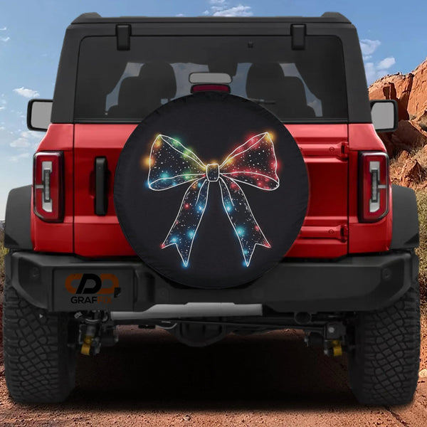 Festive Holiday Ribbon Tire Cover, Christmas Lights Bow Spare Tire Cover, Winter Xmas Spare Tire Cover, Holiday Jeep SUV Car 