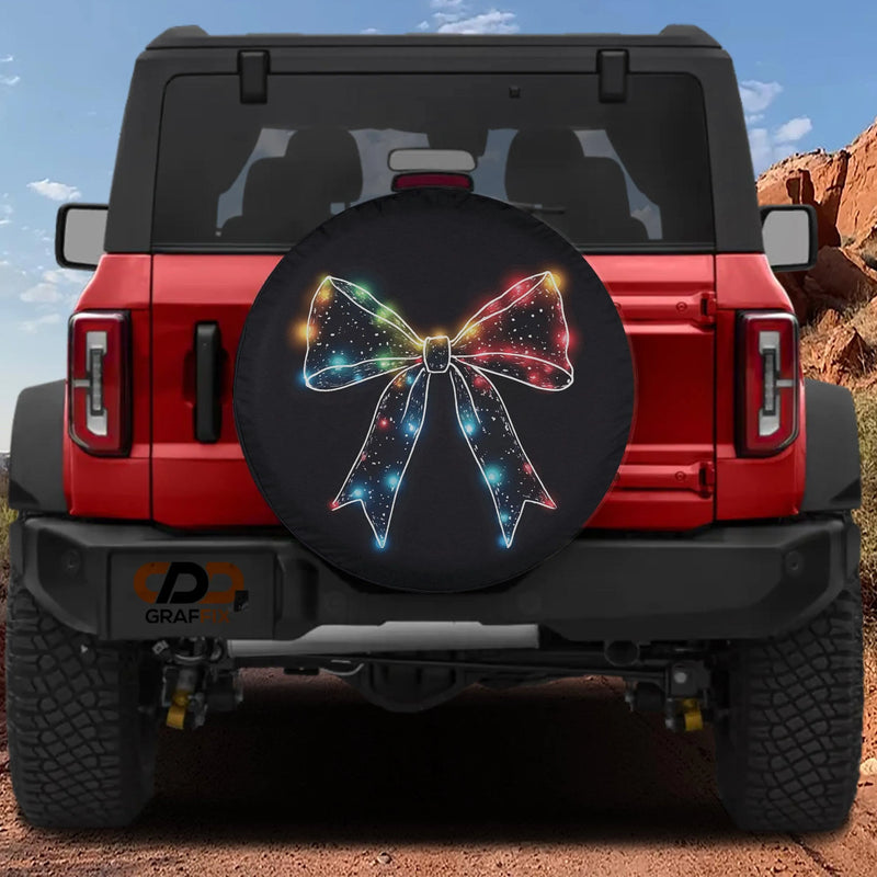 Festive Holiday Ribbon Tire Cover, Christmas Lights Bow Spare Tire Cover, Winter Xmas Spare Tire Cover, Holiday Jeep SUV Car Decor