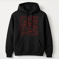 Festive Holiday Icons Graphic Hoodie, Merry Christmas Doodle Hoodie, Adorable Xmas Doodle Pullover Hoodie, Winter Holiday Hooded Sweatshirt