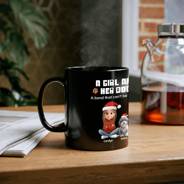 Custom Pet Owner Ceramic Coffee Mug, Personalized Girl and Her Dog Christmas Mug, Winter Holiday Drinkware Present for Dog Lo