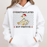 Humorous Christmas Duck Hoodie, Overstimulated but Festive Goose Hoodie, Adorable Holiday Animal Sweatshirt, Xmas Graphic Pullover Hoodie