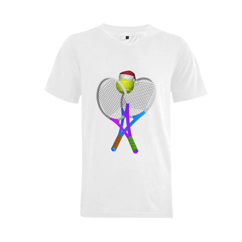 Tennis Rackets Holiday V-Neck Tee, Santa Hat Tennis Ball Christmas Shirt, Big and Tall Tennis Player Shirt, Festive Sports Graphic Tee