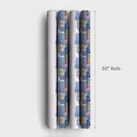 Watercolor Winter City Gift Wrap, Pink Christmas Tree Cityscape Wrapping Paper, Festive Street Holiday Wrapping Paper, Urban Gift Wrap Roll