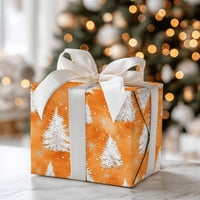 Watercolor Christmas Wrapping Paper, Orange Pine Tree Wrapping Paper, Winter Snowflake Holiday Wrapping Paper, Festive Forest Gift Wrap