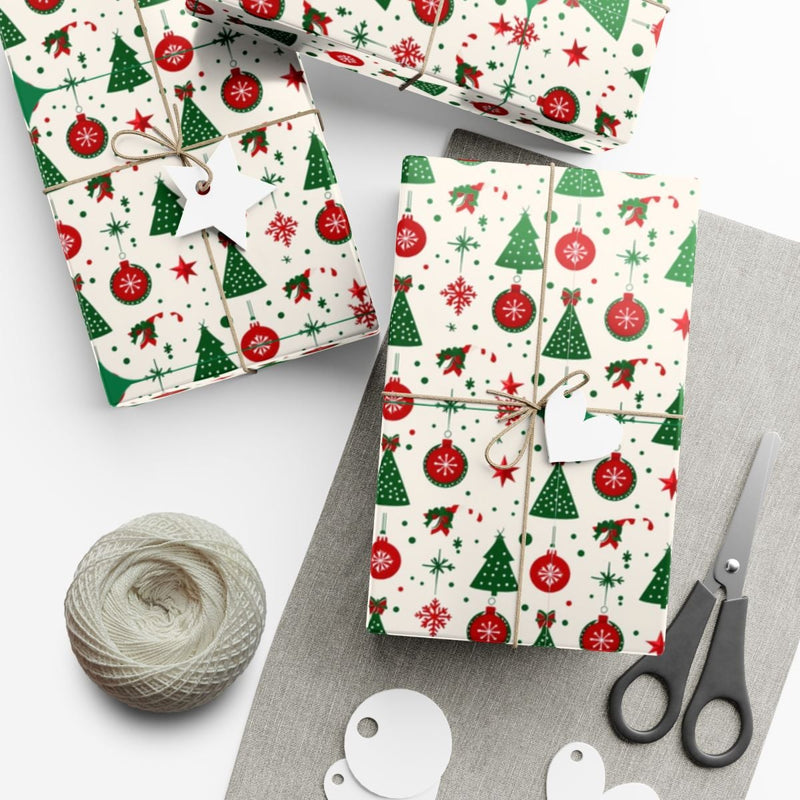 Festive Ornaments Holiday Gift Wrap Roll, Christmas Tree Wrapping Paper, Vintage Xmas Present Paper, Winter Holiday Wrapping Paper