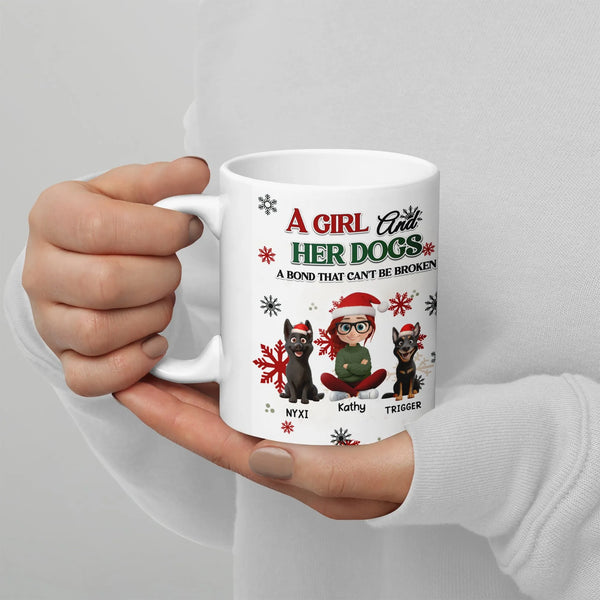 Personalized Pet Lover Holiday Mug, Girl and Her Dogs Christmas Ceramic Mug, Adorable Dog Mom Coffee Cup, Winter Dog Mug, Xma