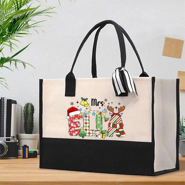 Custom Name Snowflake Holiday Tote Bag, Personalized Christmas Tote Bag, Winter Xmas Cotton Tote Bag, Festive Shopper, Presen