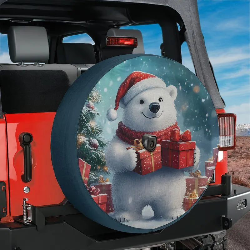Christmas Santa Hat Wheel Cover, Winter Wonderland Polar Bear Spare Tire Cover, Festive Holiday Tire Protector, Jeep SUV Winter Car Present