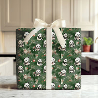 Holly Pine Christmas Gift Wrap, Green Panda Bear Wrapping Paper, Adorable Animal Holiday Present Paper, Festive Xmas Wrapping Paper